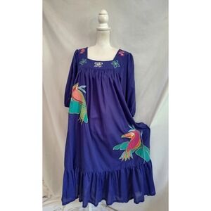 80's Vintage Ramona Rull Dress Muu Muu Parrot Butterfly Applique Midi Sz S/M